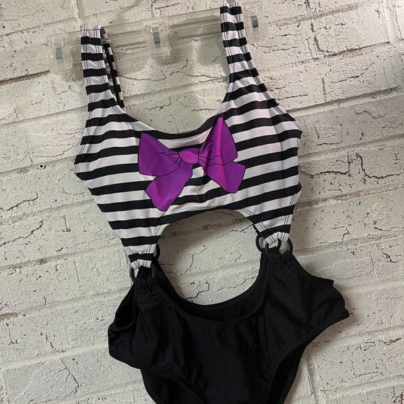 Material Girl Bow Striped Black White Pink One Piece Cut Out Swimsuit Small - Picture 1 of 10